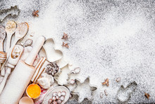 White Christmas Background With Empty Copy Space, Christmas Utensils, Rolling-Pin, Egg Yolk And Spices As A Decorative Xmas Frame For Xmas Concept Or Postcards