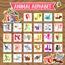 Cute Colorful Children Zoo Alphabet Flash Cards On Wood Background. Funny Cartoon Animal. Kids Abc Education. Learning English Vocabulary. Vector Illustration.