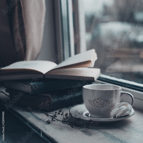 Foto-Schmutzfangmatte - Cozy winter still life: cup of hot coffee and opened book on vintage windowsill against snow landscape from outside (von Elena Kharichkina)