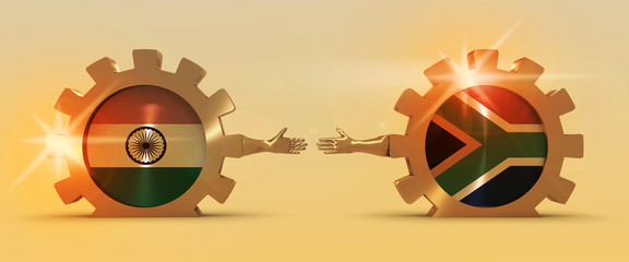 Wall Mural - Web Banner, Header Layout Template. Politic and economic relationship between India and South Africa. National flags on cog wheels. Golden material. 3D rendering