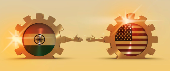 Wall Mural - Web Banner, Header Layout Template. Politic and economic relationship between India and USA. National flags on cog wheels. Golden material. 3D rendering