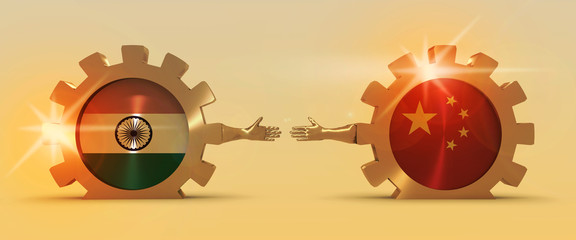 Wall Mural - Web Banner, Header Layout Template. Politic and economic relationship between India and China. National flags on cog wheels. Golden material. 3D rendering