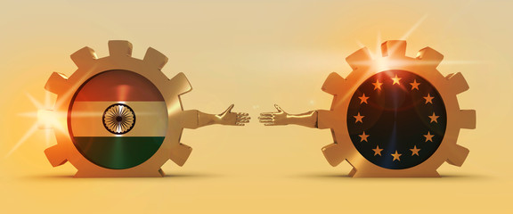 Wall Mural - Web Banner, Header Layout Template. Politic and economic relationship between India and European Union. National flags on cog wheels. Golden material. 3D rendering