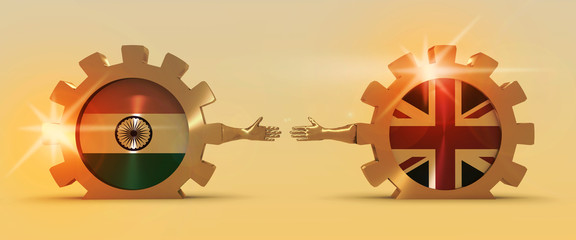 Wall Mural - Web Banner, Header Layout Template. Politic and economic relationship between India and Britain. National flags on cog wheels. Golden material. 3D rendering