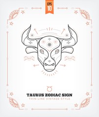 Vintage thin line Taurus zodiac sign label. Retro vector astrological symbol, mystic, sacred geometry element, emblem, logo. Stroke outline illustration. Isolated on white background.