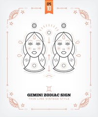 Wall Mural - vintage thin line gemini zodiac sign label. retro vector astrological symbol, mystic, sacred geometr