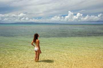 Wall Mural - Young woman in bikini standing in clear water on Taveuni Island,