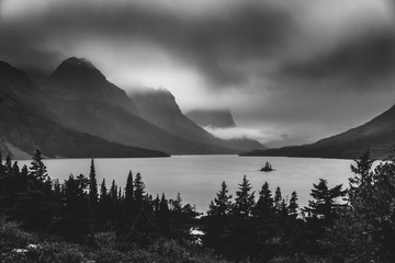 Black and white Wild Goose Island. Glacier National Park, Montana