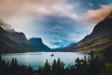 Wild Goose Island under colorful clouds. Glacier National Park, Montana