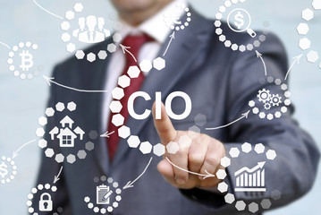 cio or chief information officer concept presented by businessman touching on virtual screen. career