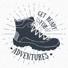 Wall Mural - vintage label, grunge textured hand drawn retro badge or t-shirt typography design with hiking shoe,