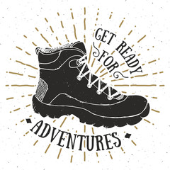Wall Mural - vintage label, grunge textured hand drawn retro badge or t-shirt typography design with hiking shoe,