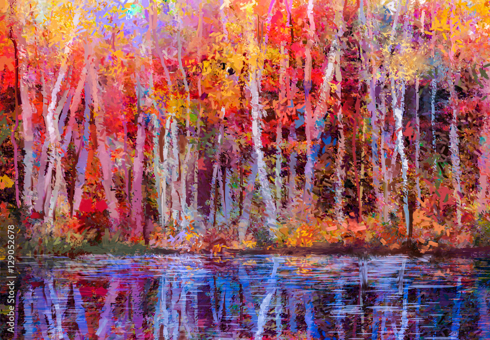 Oil painting colorful autumn trees. Semi abstract image of forest, aspen trees with yellow - red leaf and lake. Autumn, Fall season nature background. Hand Painted Impressionist, outdoor landscape - obrazy, fototapety, plakaty 