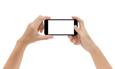 Poster - hand holding phone isolated on white background, mock-up smart p