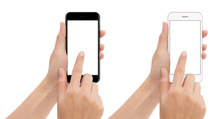 Poster - hand touch phone isolated with clipping path on white background