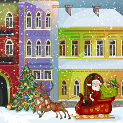 Christmas Santa Claus riding on sleigh with reindeer on winter city street. 