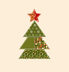 Wall Mural - traditional ornament patchwork xmas tree illustration. cosy Chri