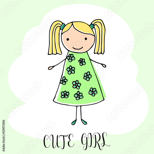 Cute Little Girl Hand Drawing In Funny Kids Style Design Element