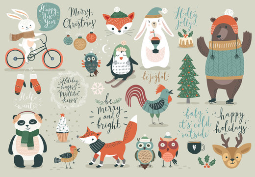 Fototapete - Christmas set, hand drawn style - calligraphy, animals and other elements.
