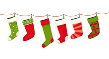 Christmas Stockings. Hanging  New Year Decorations For Gifts.