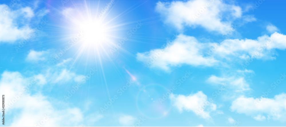 Sunny background, blue sky with white clouds and sun - obrazy, fototapety, plakaty 
