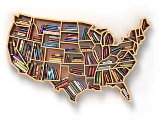 usa education or market of books concept. book shelf as map of