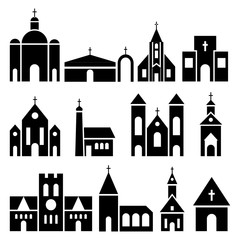 Wall Mural - Church building icons. Vector basilica and chapel silhouettes