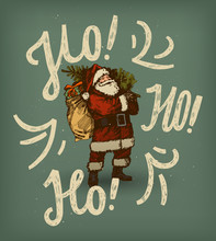 Ho Ho Ho Santa Claus Vintage Christmas Card. Retro Handwriting. Warm Blue Image.