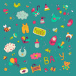 Colorful vector hand drawn Doodle cartoon set of objects and symbols on the baby theme