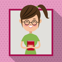 Sticker - girl glasses smile book student frame dot shadow background vector illustration eps 10