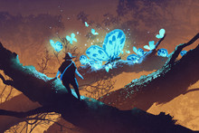 Man Looking At Giant Blue Butterflies Resting On Tree Branch,illustration Painting