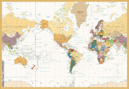 Plakat Vintage Color Map America Centered Political World Map