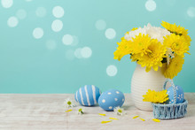 Easter Holiday Background With Eggs And Flowers