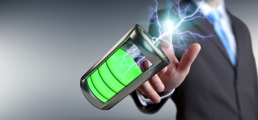 Poster - Man touching 3D render battery with lightning with his finger