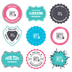 Wall Mural - Label and badge templates. News icon. Newspaper sign. Mass media symbol. Retro style banners, emblems. Vector