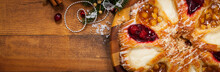 Christmas Background Baking Dessert. Danish Pastry Ring With Cherry, Apple Fruit And Cheese Fillings. Selective Focus.