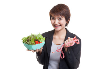 Sticker - Healthy  Asian business woman with measuring tape and salad.