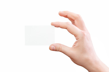 Wall Mural - Male hand holding white business card at isolated background 