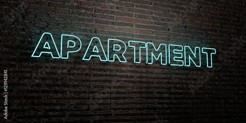 Apartment Realistic Neon Sign On Brick Wall Background 3d