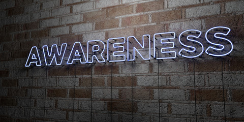 awareness - glowing neon sign on stonework wall - 3d rendered royalty free stock illustration. can b