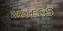 WRITERS - Glowing Neon Sign on stonework wall - 3D rendered royalty free stock illustration.  Can be used for online banner ads and direct mailers..