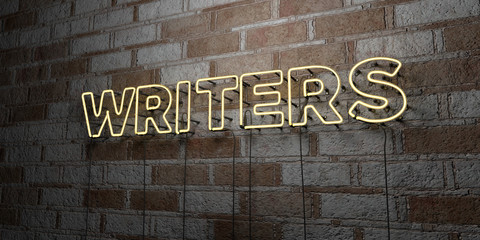 Wall Mural - writers - glowing neon sign on stonework wall - 3d rendered royalty free stock illustration. can be 