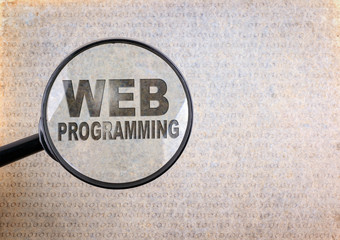 Wall Mural - web programming. magnifying optical glass on old paper background.