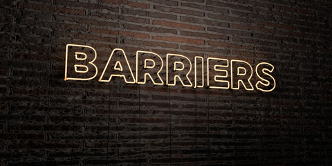 Wall Mural - barriers -realistic neon sign on brick wall background - 3d rendered royalty free stock image. can b