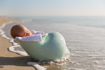 Adorable newborn child in a nutshell on the ocean shore. Cute baby boy on the beach. New life concept.