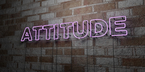 attitude - glowing neon sign on stonework wall - 3d rendered royalty free stock illustration. can be