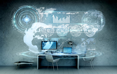 Aufkleber - Workplace with modern devices and hologram screens 3D rendering