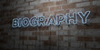 BIOGRAPHY - Glowing Neon Sign on stonework wall - 3D rendered royalty free stock illustration.  Can be used for online banner ads and direct mailers..