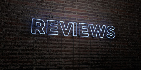 Wall Mural - reviews -realistic neon sign on brick wall background - 3d rendered royalty free stock image. can be
