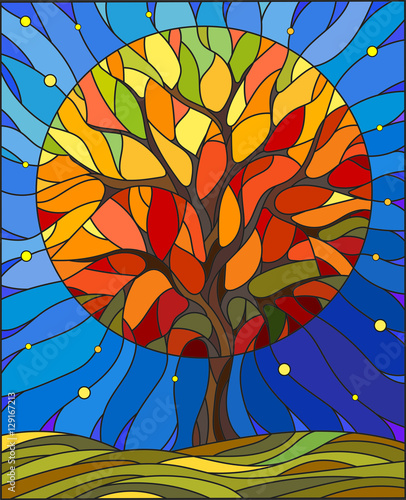 Obraz w ramie Illustration in stained glass style with autumn tree on sky background with the stars
